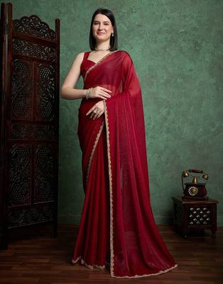 Maroon color fendy chiffon saree with running blouse 1