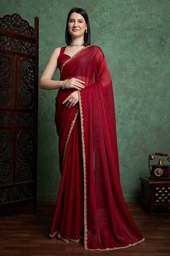 Maroon color fendy chiffon saree with running blouse