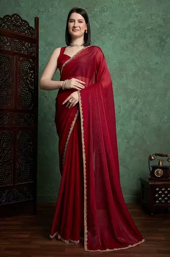 Maroon color fendy chiffon saree with running blouse
