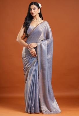 Light grey color fendy chiffon saree with running blouse 1