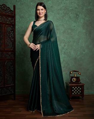 Green color fendy chiffon saree with running blouse 1