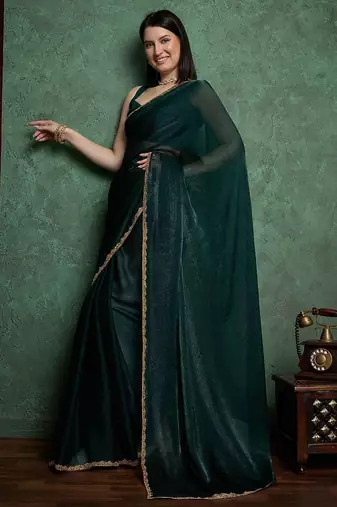 Green color fendy chiffon saree with running blouse