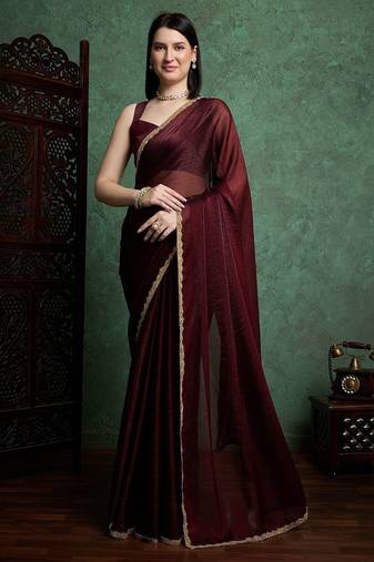 Brown color fendy chiffon saree with running blouse