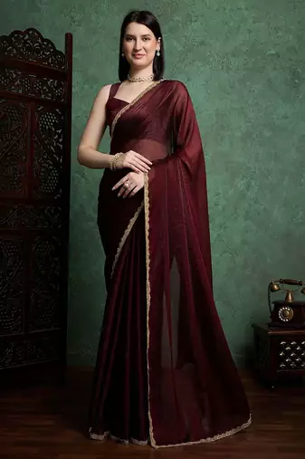 Brown color fendy chiffon saree with running blouse