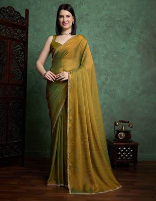 Gold color fendy chiffon saree with running blouse 1