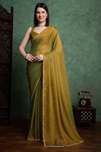 Gold color fendy chiffon saree with running blouse