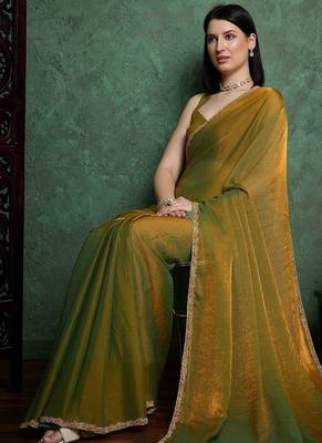 Gold color fendy chiffon saree with running blouse 2