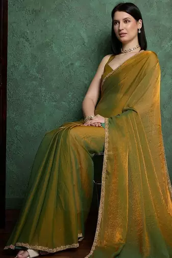 Gold color fendy chiffon saree with running blouse