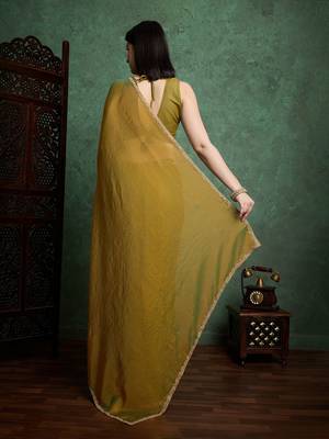 Gold color fendy chiffon saree with running blouse 3