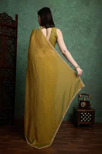 Gold color fendy chiffon saree with running blouse