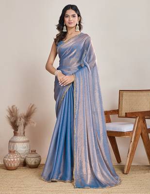 Light blue color fendy chiffon saree with running blouse 1