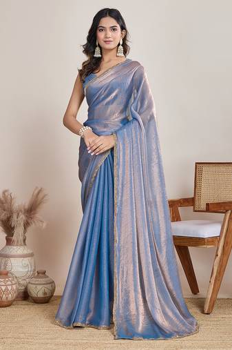 Light blue color fendy chiffon saree with running blouse