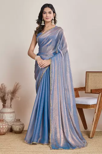 Light blue color fendy chiffon saree with running blouse