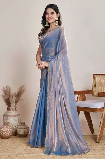 Light blue color fendy chiffon saree with running blouse
