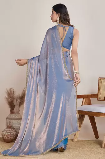 Light blue color fendy chiffon saree with running blouse