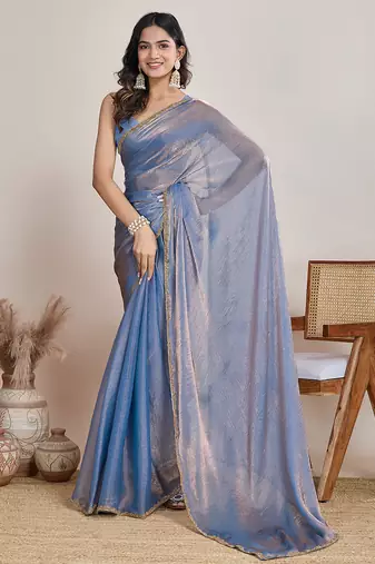 Light blue color fendy chiffon saree with running blouse