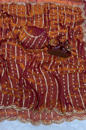 Brown Color Sequence Embroidery Work Space Silk Saree