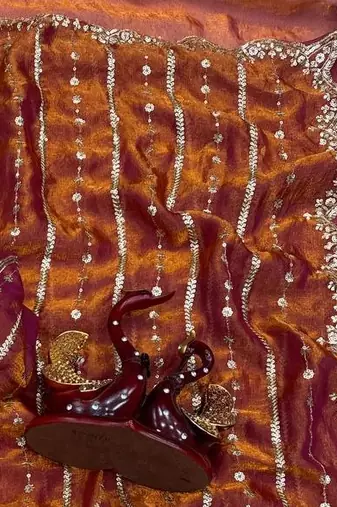 Brown Color Sequence Embroidery Work Space Silk Saree