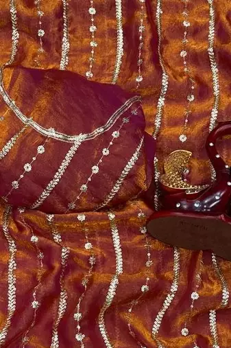 Brown Color Sequence Embroidery Work Space Silk Saree