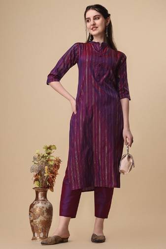 Wine color art silk mandarin neck kurti
