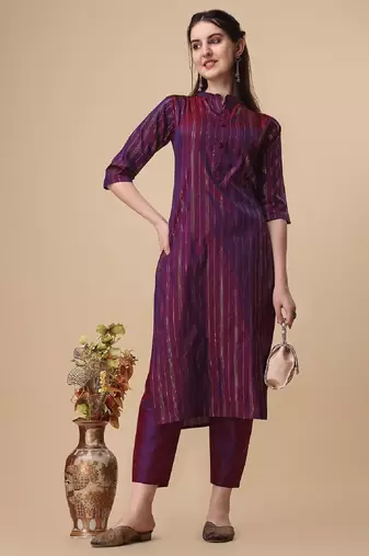 Wine color art silk mandarin neck kurti