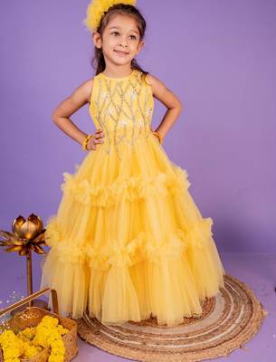 Yellow embroidered cotton gown 1