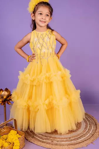 Yellow embroidered cotton gown