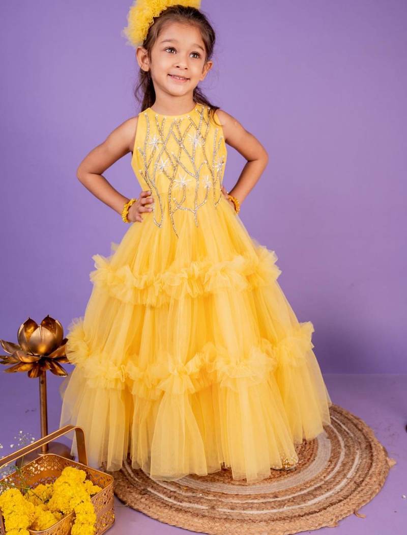 Yellow embroidered cotton gown