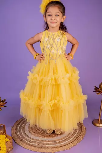 Yellow embroidered cotton gown