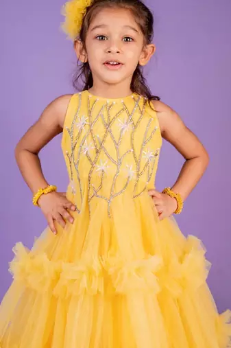 Yellow embroidered cotton gown