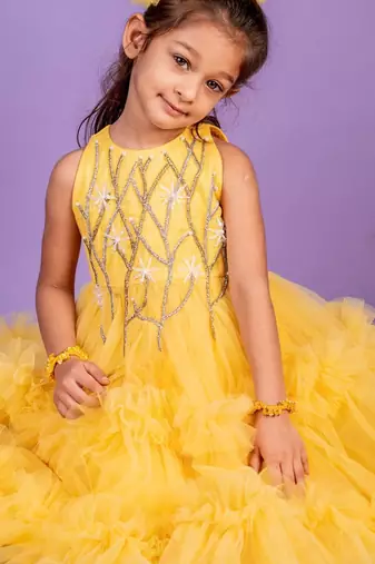 Yellow embroidered cotton gown