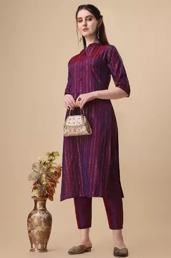 Wine color art silk blend mandarin neck kurti