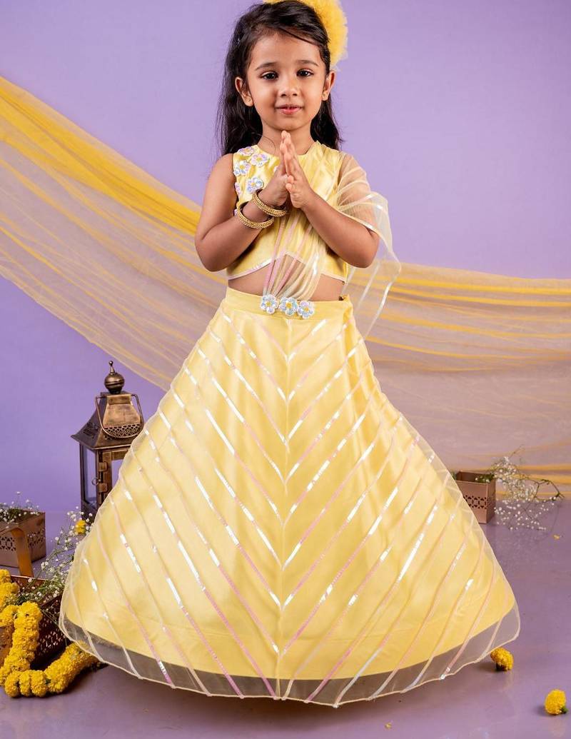 Yellow embroidered cotton lehenga