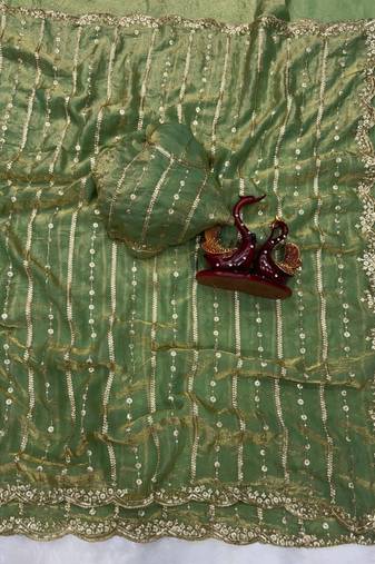 Green Color Sequence Embroidery Work Space Silk Saree