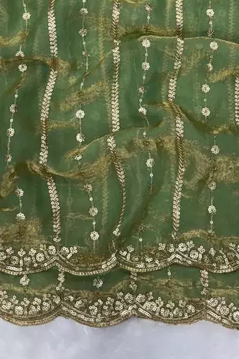 Green Color Sequence Embroidery Work Space Silk Saree