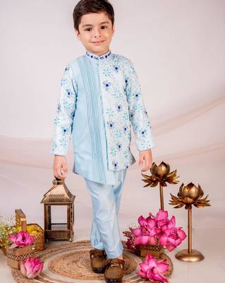 Blue embroidered cotton bandhgala 1