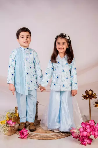Blue embroidered cotton bandhgala