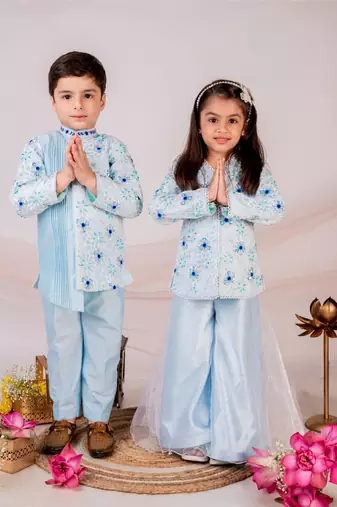 Blue embroidered cotton bandhgala