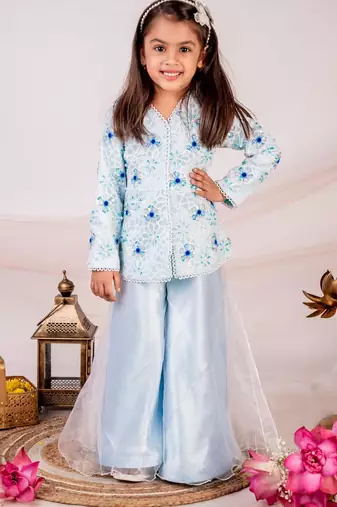 Blue embroidered cotton sharara