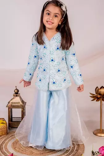 Blue embroidered cotton sharara