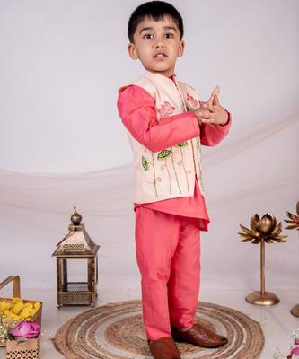 Orange embroidered cotton nehru jacket set 1