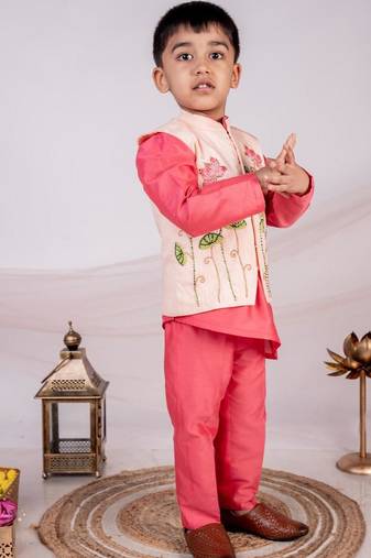 Orange embroidered cotton nehru jacket set