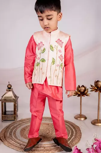 Orange embroidered cotton nehru jacket set
