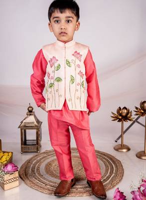 Orange embroidered cotton nehru jacket set 4