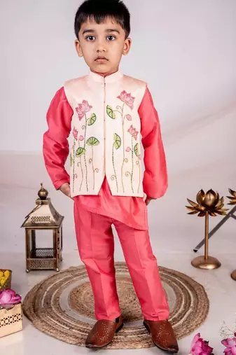 Orange embroidered cotton nehru jacket set