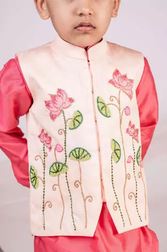 Orange embroidered cotton nehru jacket set