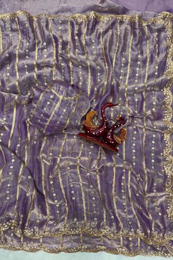 Lavender Color Sequence Embroidery Work Space Silk Saree