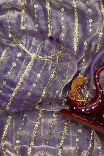 Lavender Color Sequence Embroidery Work Space Silk Saree