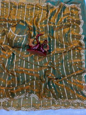 Mustard Color Sequence Embroidery Work Space Silk Saree 1