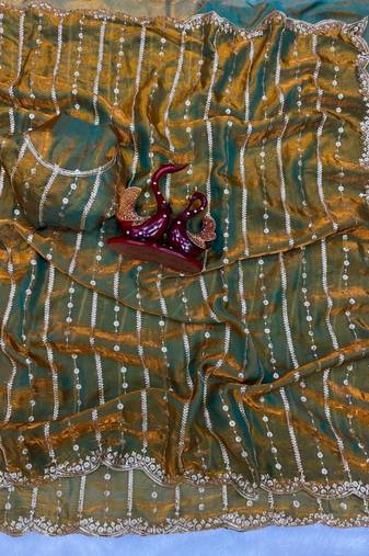 Mustard Color Sequence Embroidery Work Space Silk Saree